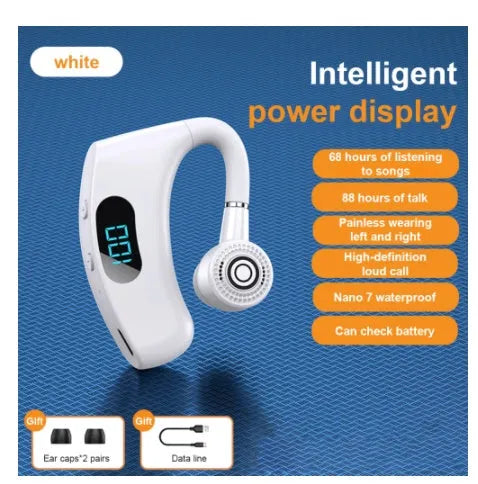 Digital display business earphones with charging compartment in Black showing battery level