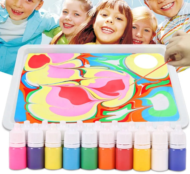 Hand painted doodle educational toys set with pigment bottles, painting liquid, drawing paper and stirring rods
