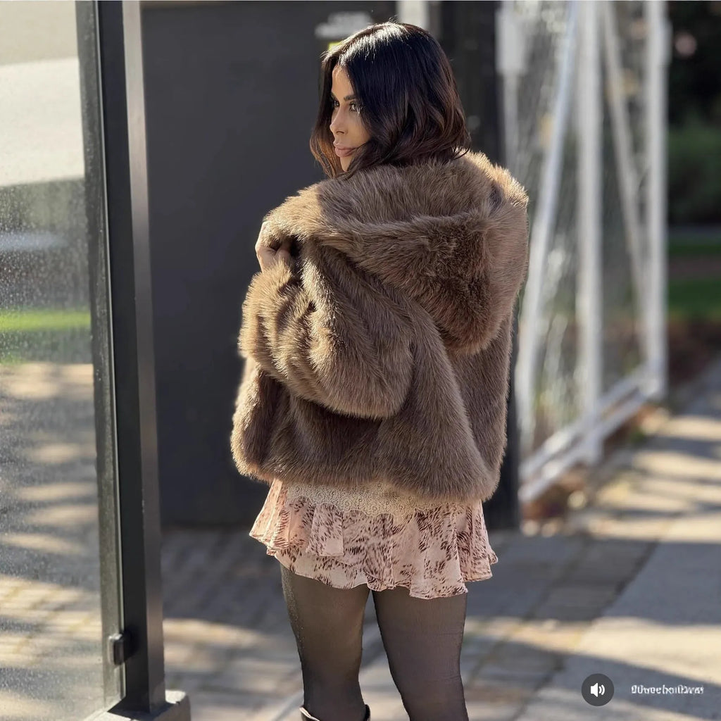 Brown polyester hooded jacket with faux fur trim, loose fit, 50cm length, women's sizes S to XXXL