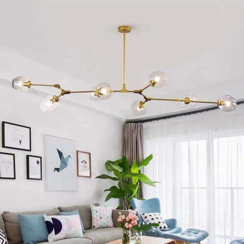 Black blue branch type ceiling lamp with glass shades and iron frame, 10 heads, Nordic style for dining room