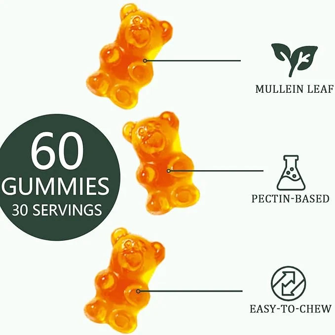 Bottle of 60 mullein gummy supplements with pear flavour, light golden colour, vegan pectin base