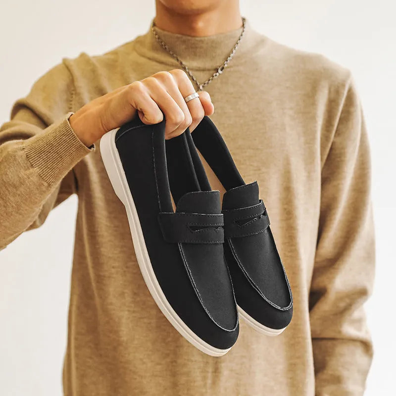 Men's suede casual shoes in four colours with low flat heel and vulcanised rubber sole