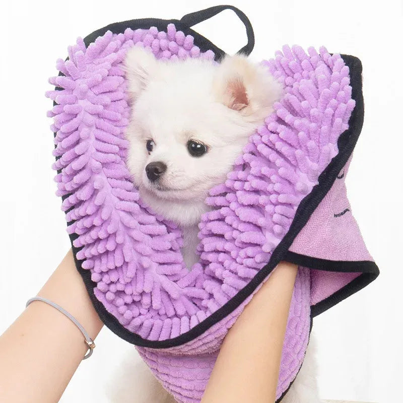 Absorbent microfiber dog towel with hand pockets in blue, purple, grey, rose, and brown, for medium large dogs