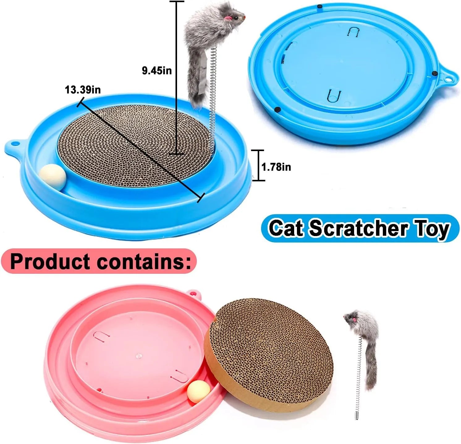 Blue interactive cat scratcher toy with central scratch pad, circular ball track, and a mouse swatter accessory.