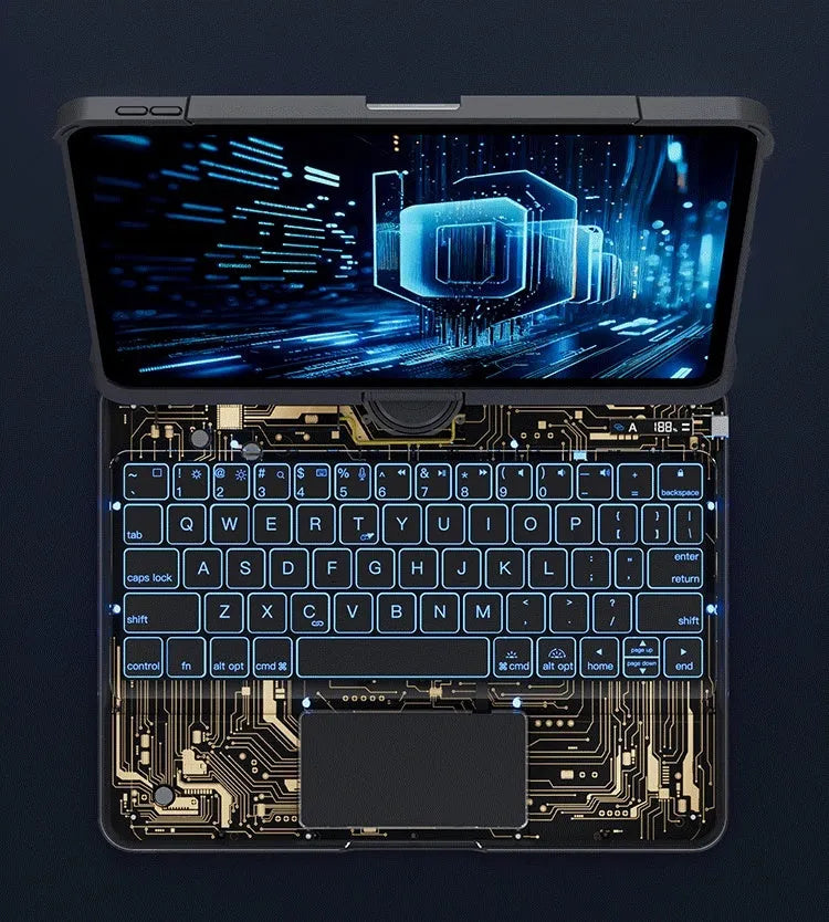 360 swivel transparent keyboard case for iPad with trackpad and pen slot, showing open position