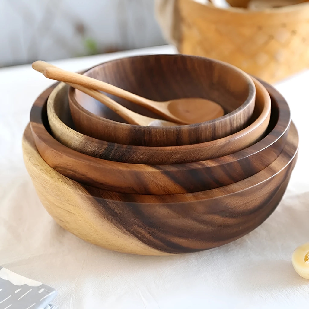 Brown wooden bowl set with natural grain, Japanese design, multiple sizes for kitchen serving