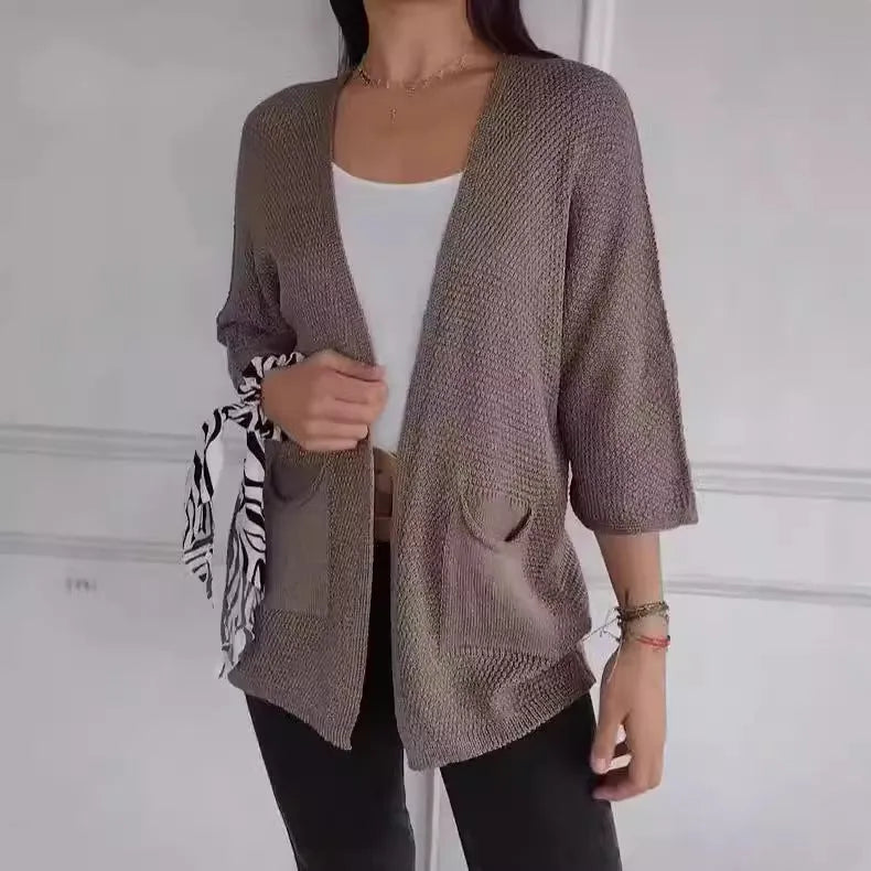 Women's thin waffle knit cardigan coat with nine-quarter sleeves in army green.