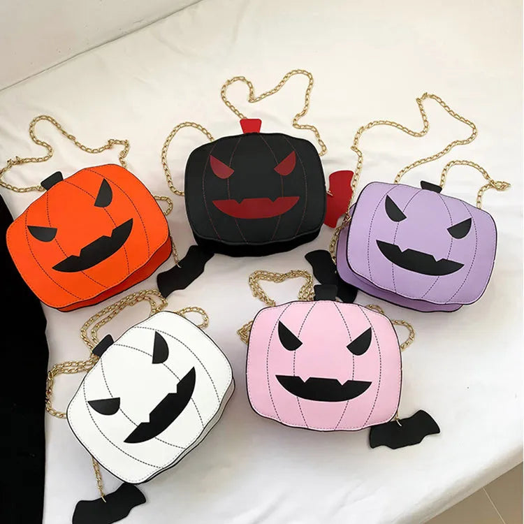 Halloween cartoon pumpkin shoulder bag for girls in colour options with chain crossbody strap on white background