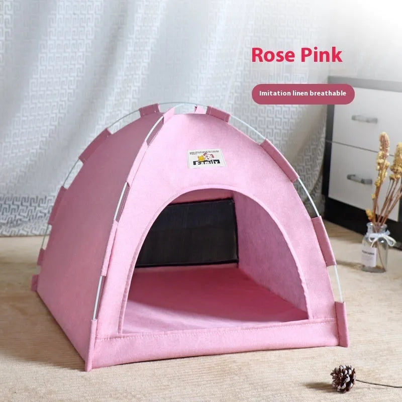 Portable pet tent bed with removable cover in grey colour, showing enclosed design for cats and small dogs