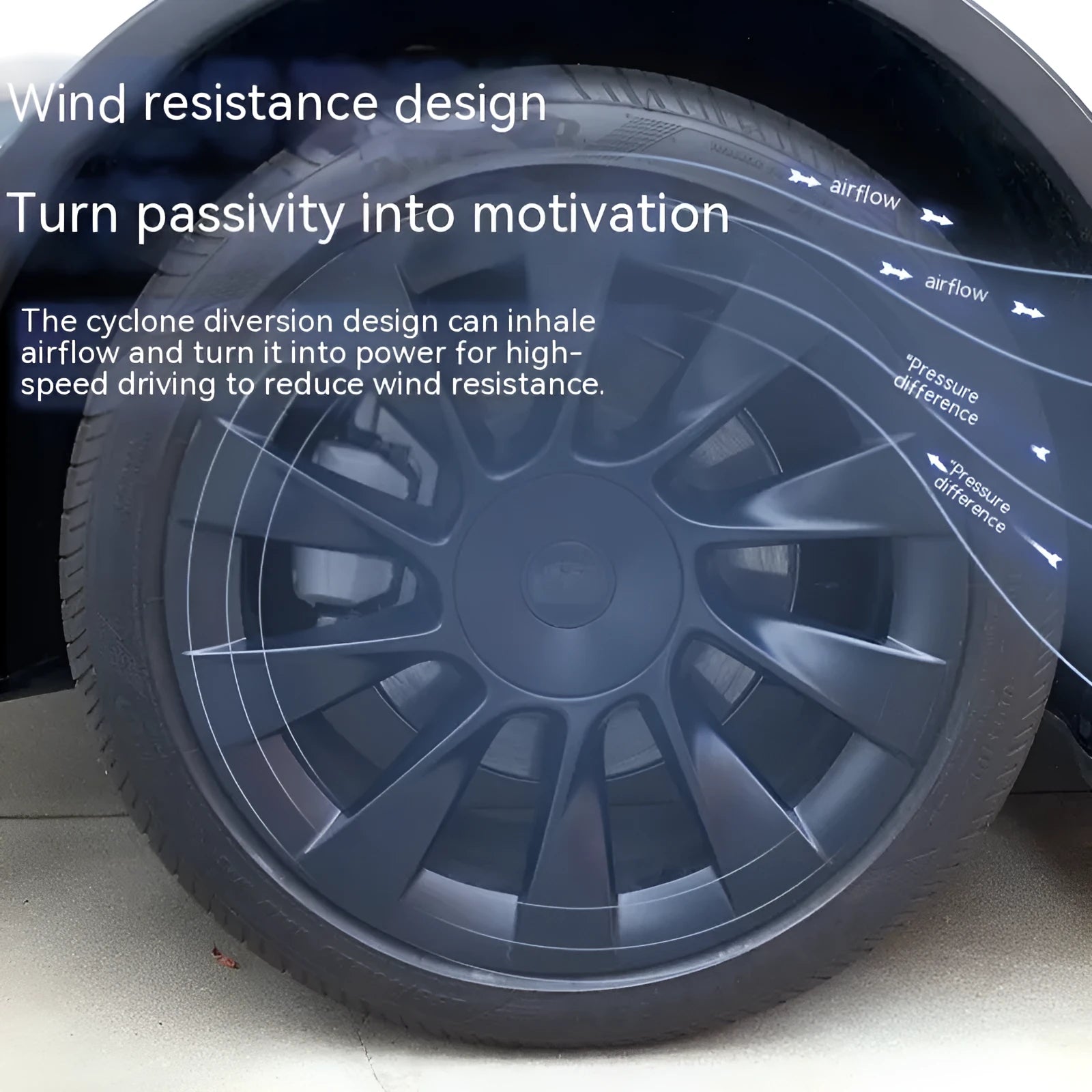 Set of Tesla Model Y plastic wheel hub covers in black, white, red, and carbon fibre pattern finishes.