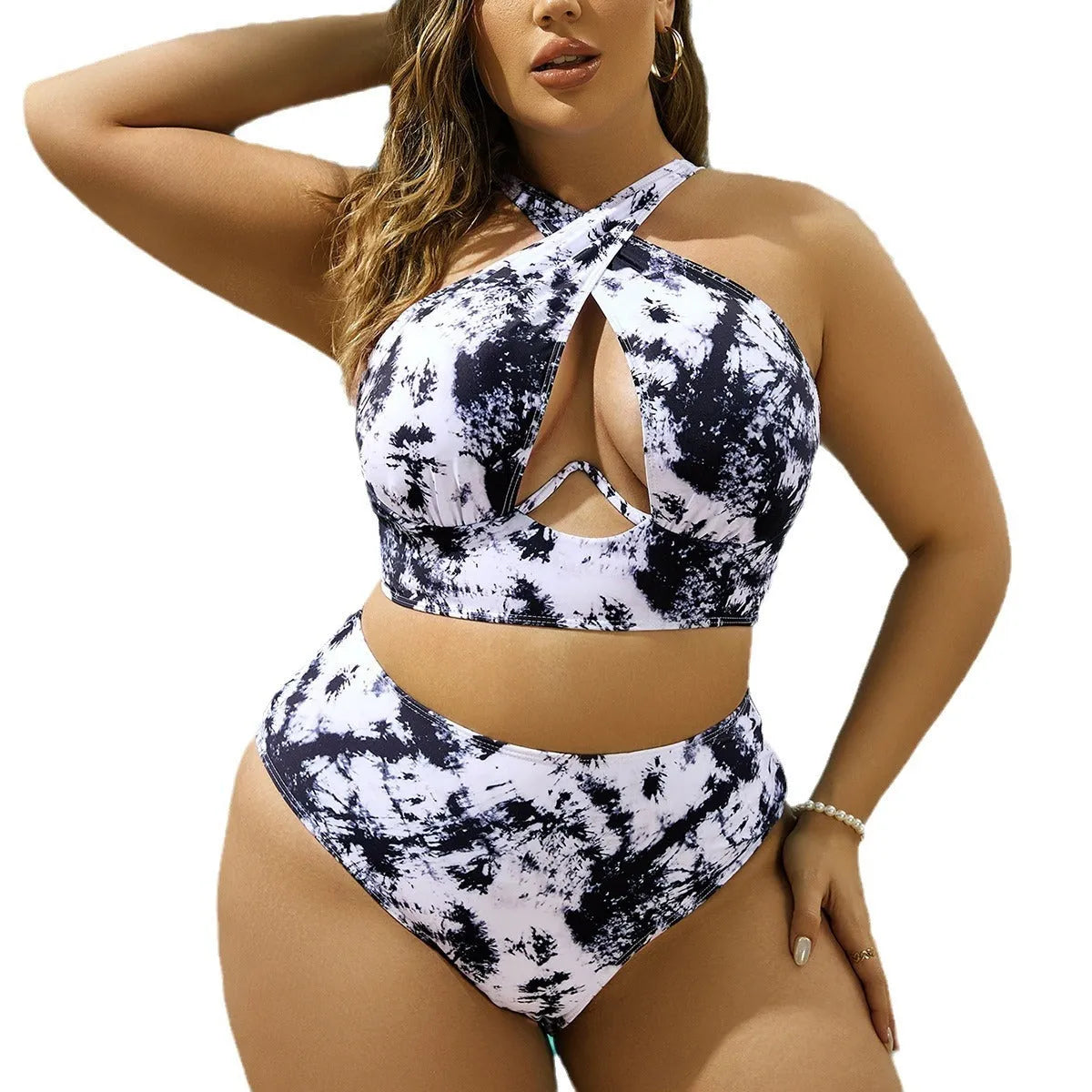 Cross collar random printed one-piece swimsuit in polyester with lining