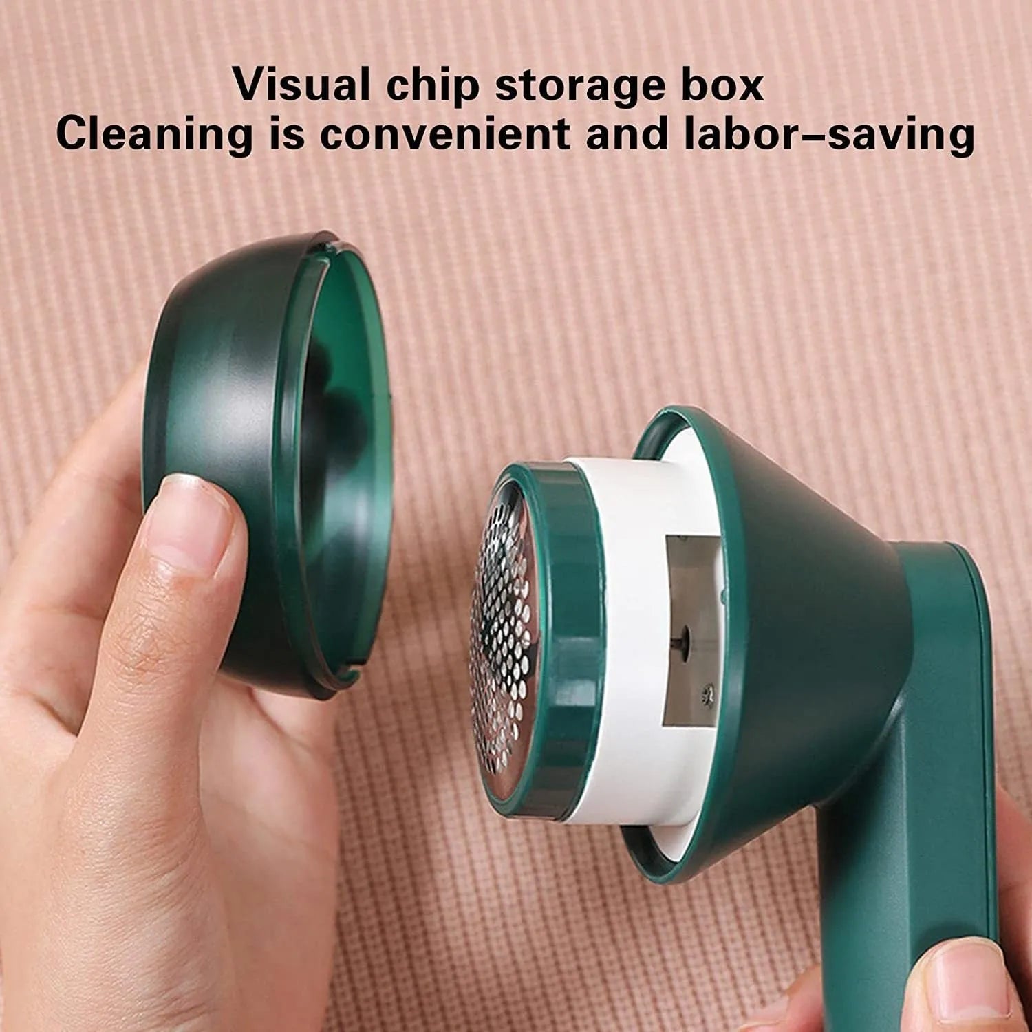 White or green USB-rechargeable electric lint remover with removable lint collection container