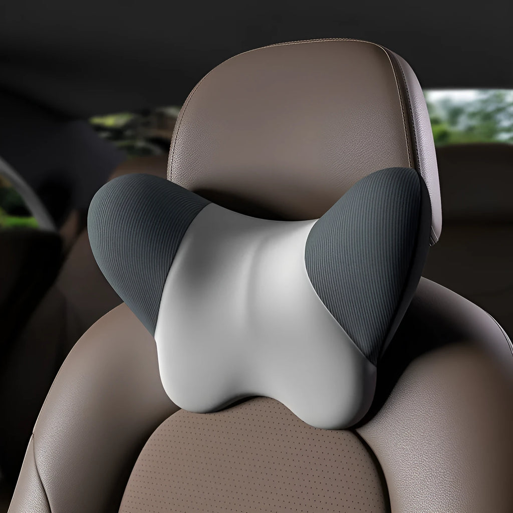 Memory foam car headrest or lumbar support pillow in nylon knitted fabric with black, red, grey, coffee black or apricot grey cover