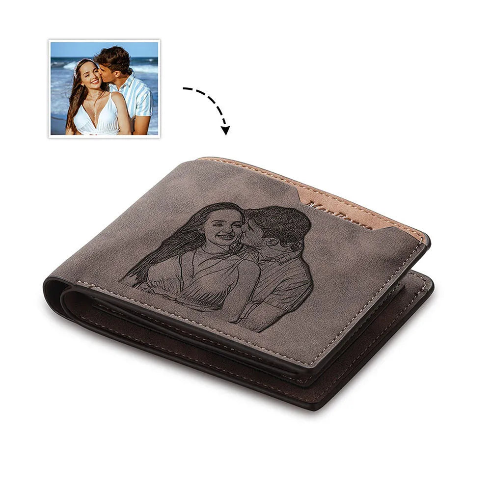Engraved coffee-coloured PU horizontal wallet showing personalised lettering.