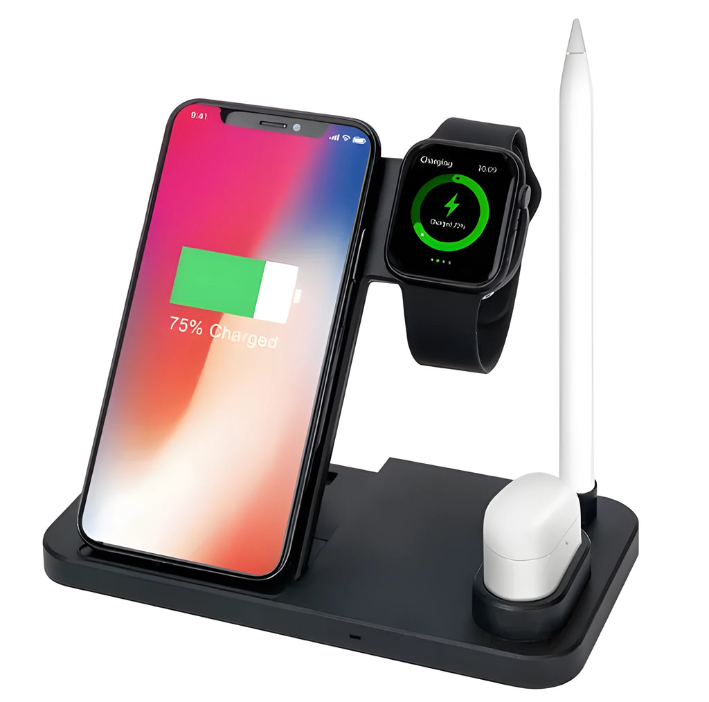 A white 4-in-1 wireless charger folded flat, showing charging pads for phone, Apple Watch, AirPods, and Apple Pencil.