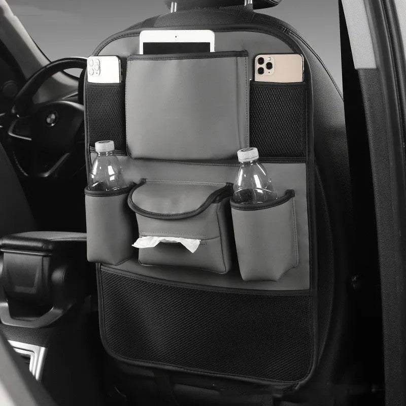 Leather car seat back storage bag shown in available colours: black, grey, green, and brown.