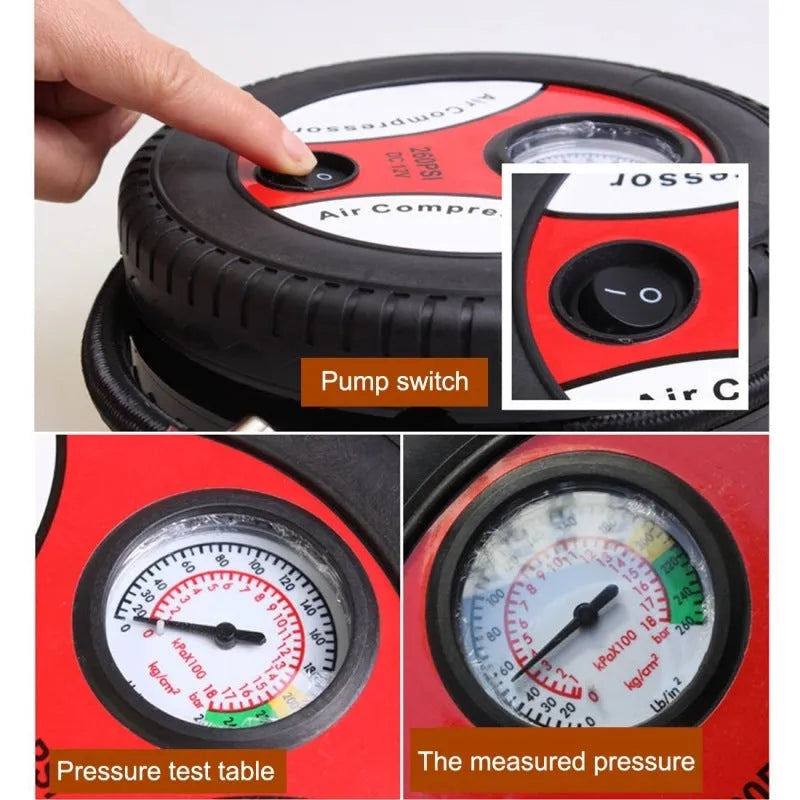 Black mini air pump with ABS plastic body and compact 17x17x6cm size