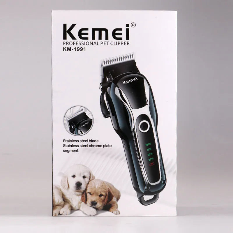Black rechargeable pet fader clipper with patented blade on white background