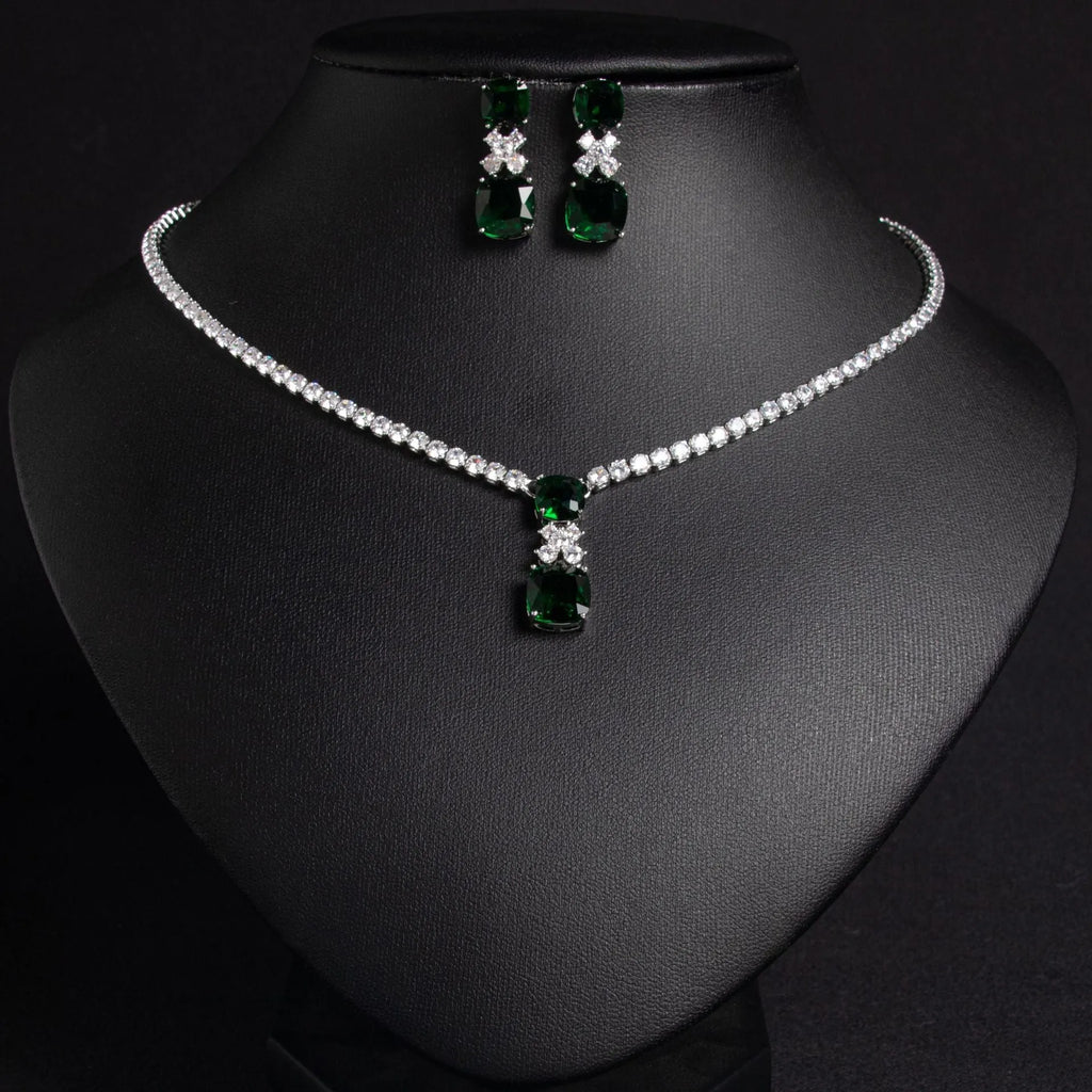 Small square zircon pendant earrings and necklace set in copper with mixed gem inlay on collarbone chain