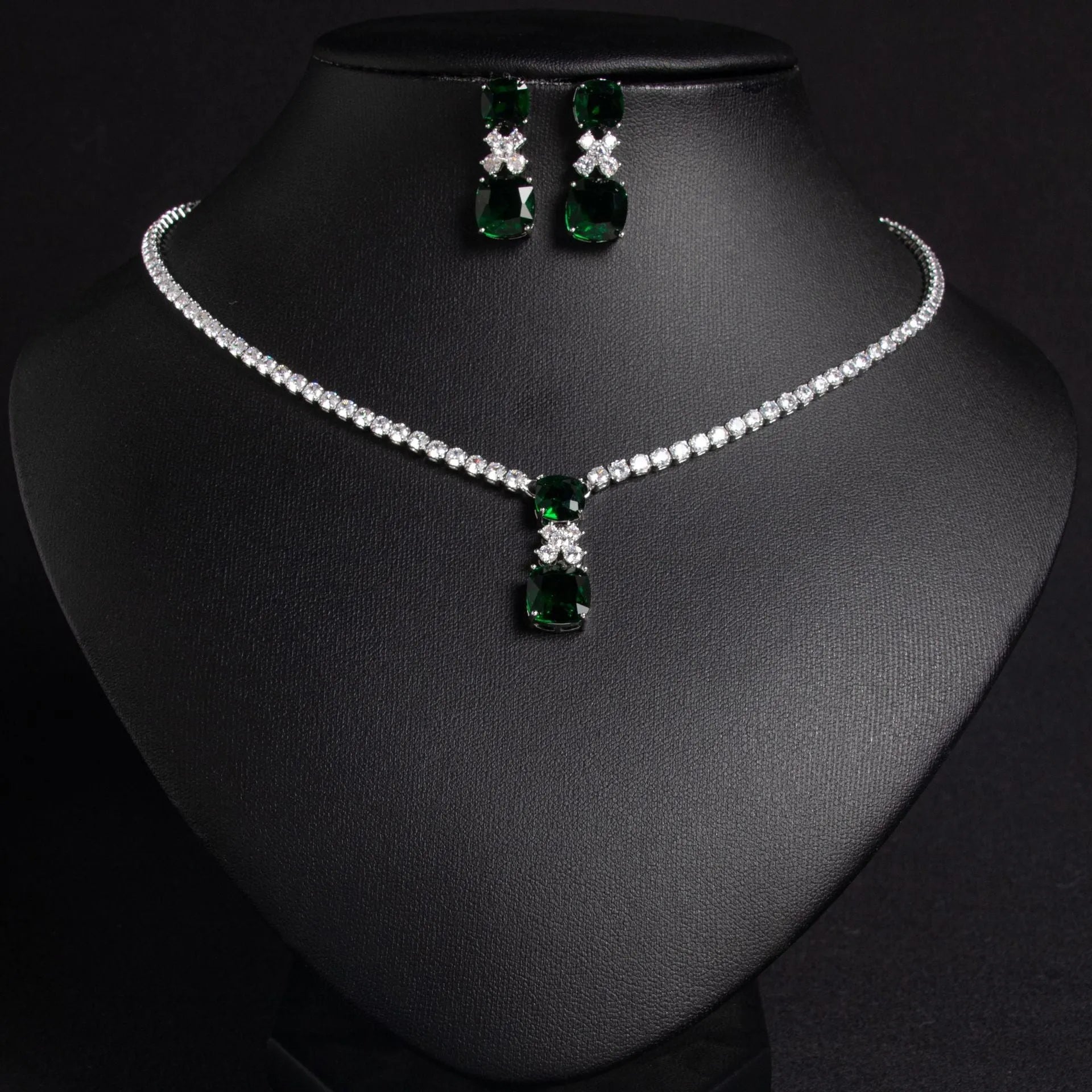 Small square zircon pendant earrings and necklace set in copper with mixed gem inlay on collarbone chain