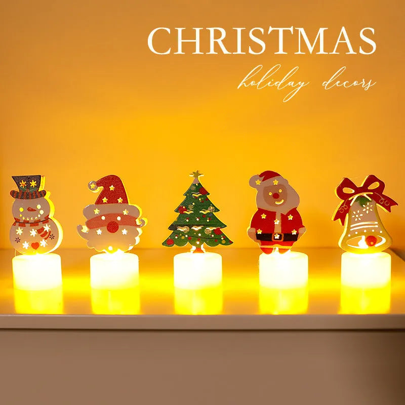 LED electronic candle lights including Santa Claus, snowman, Christmas tree, and bell shapes