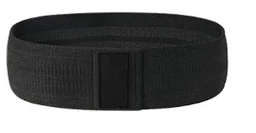 Set of three coloured fabric resistance bands and a net storage bag for home fitness.