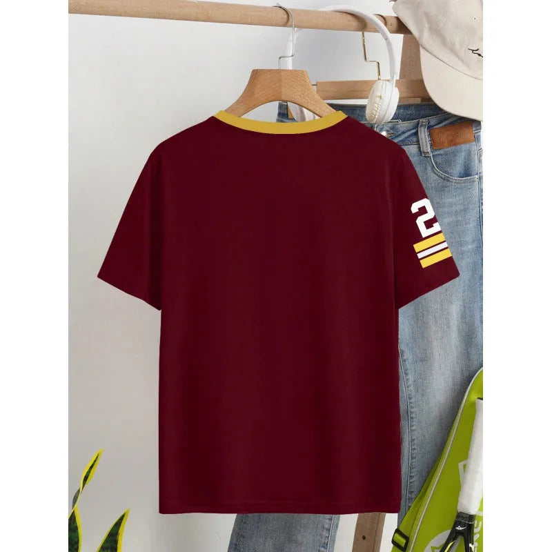 Red loose-fit cotton t-shirt with digital letter print and short sleeves laid flat.