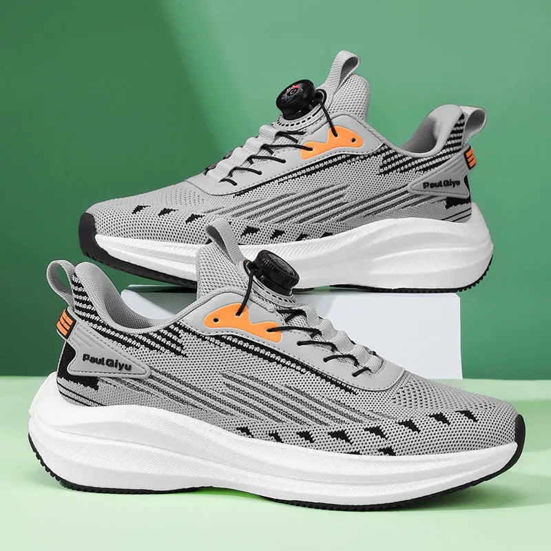 Men's white green Fly-knit mesh casual running shoes with rotating buckle and flat TPU sole.