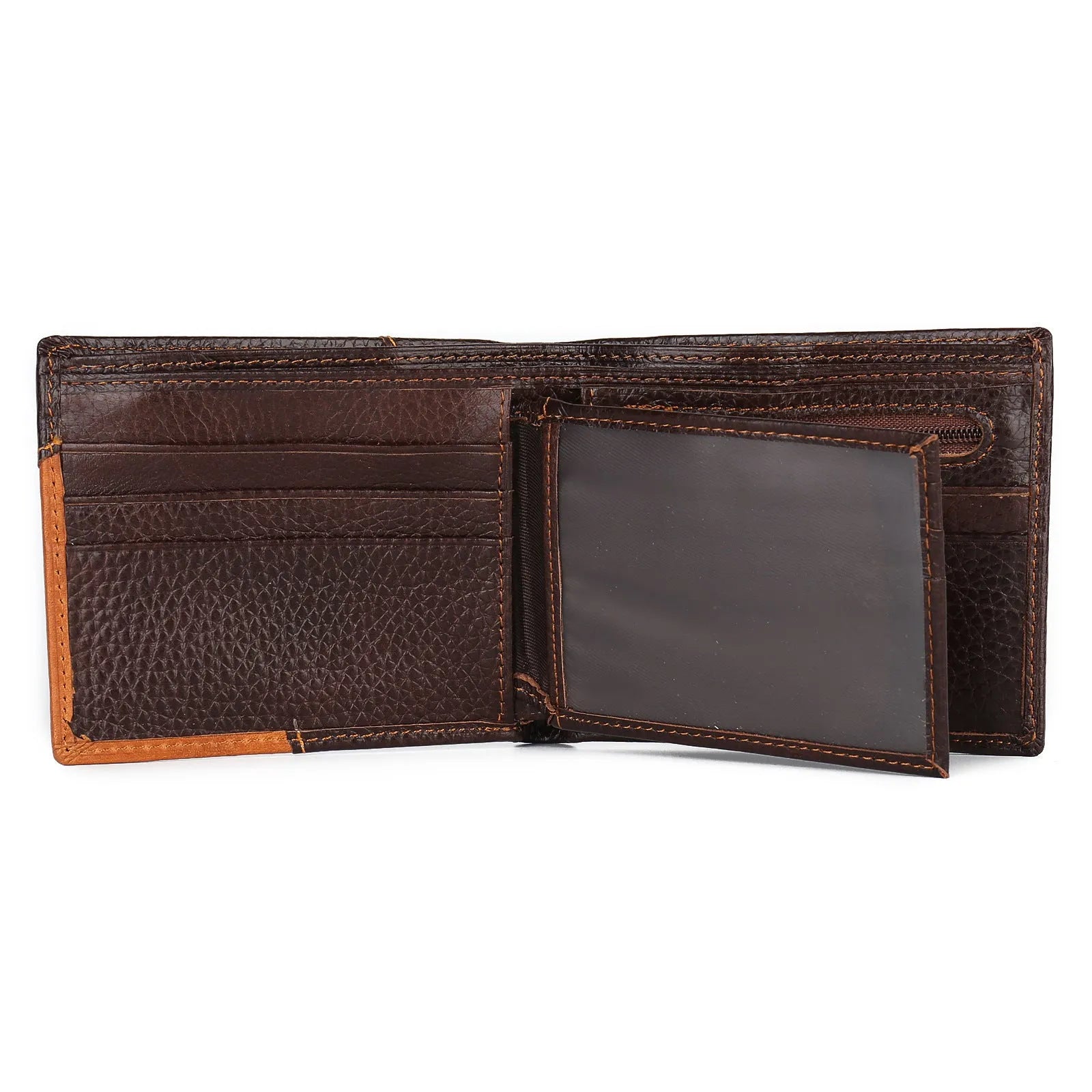 Men's brown tri-fold leather wallet open, showing card slots, zippered coin pocket, and saddle stitching detail.