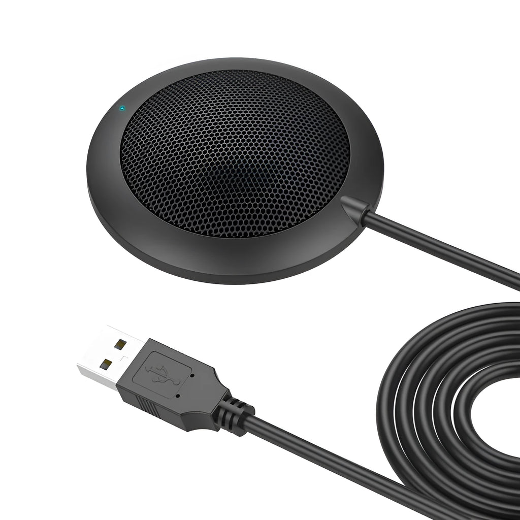 Black USB desktop microphone with metal mesh cover and zinc alloy shell on a computer desk