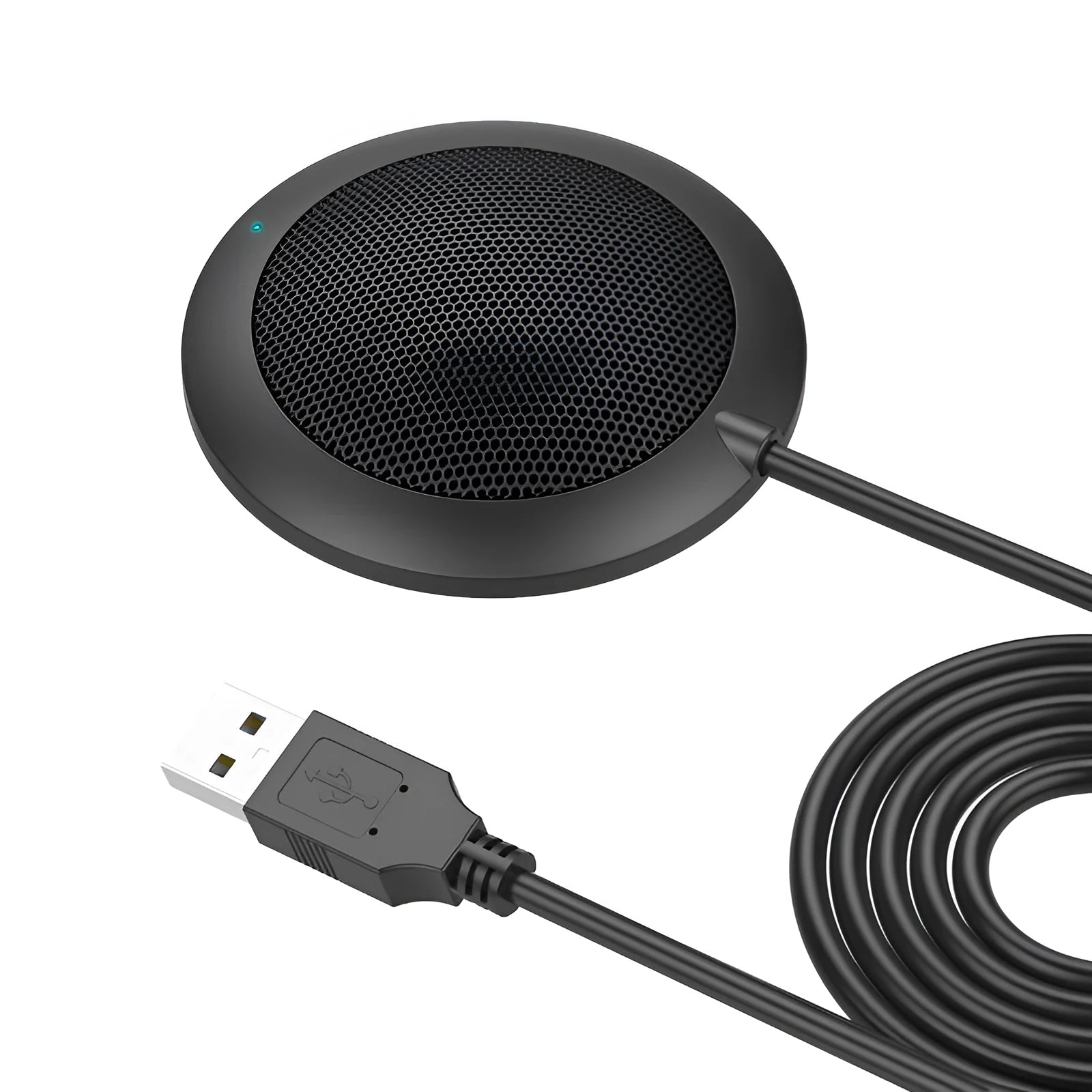 Black USB desktop microphone with metal mesh cover and zinc alloy shell on a computer desk
