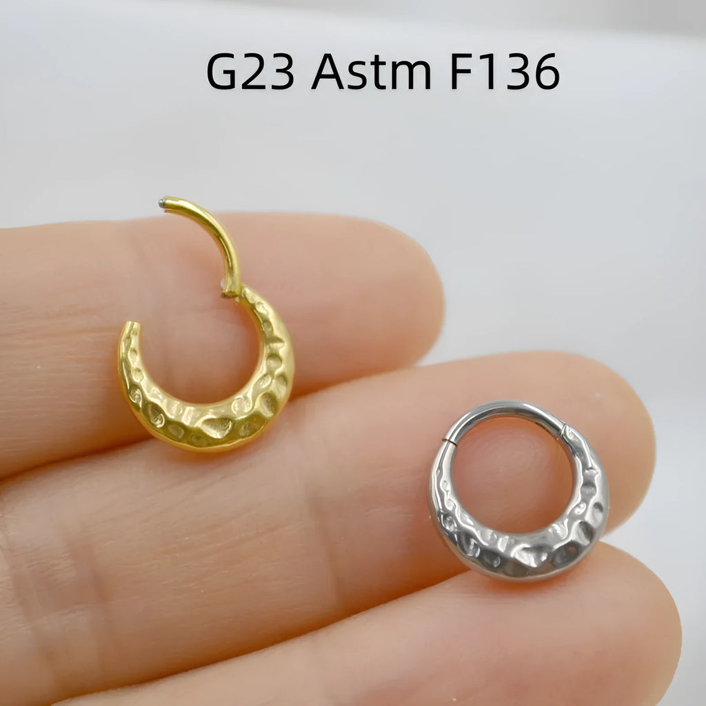 Titanium alloy concave-convex nose ring with carving detail in gold or silver colour, 1.2mm diameter
