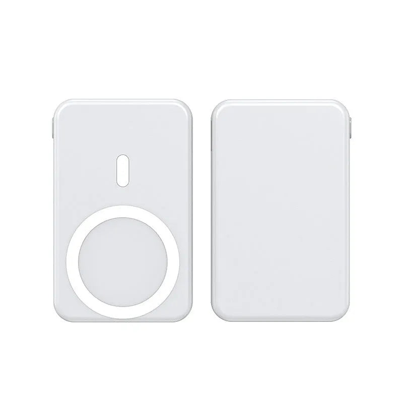 Ultra-thin portable power bank with magnetic wireless charging for iPhone in black, blue or white colours