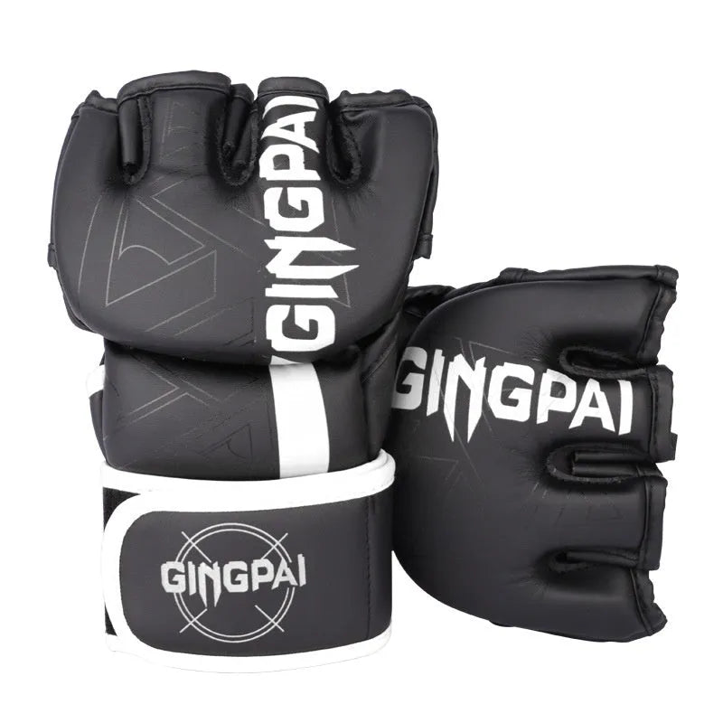 Sanda training gloves in black with breathable PU construction for combat sandbag practice