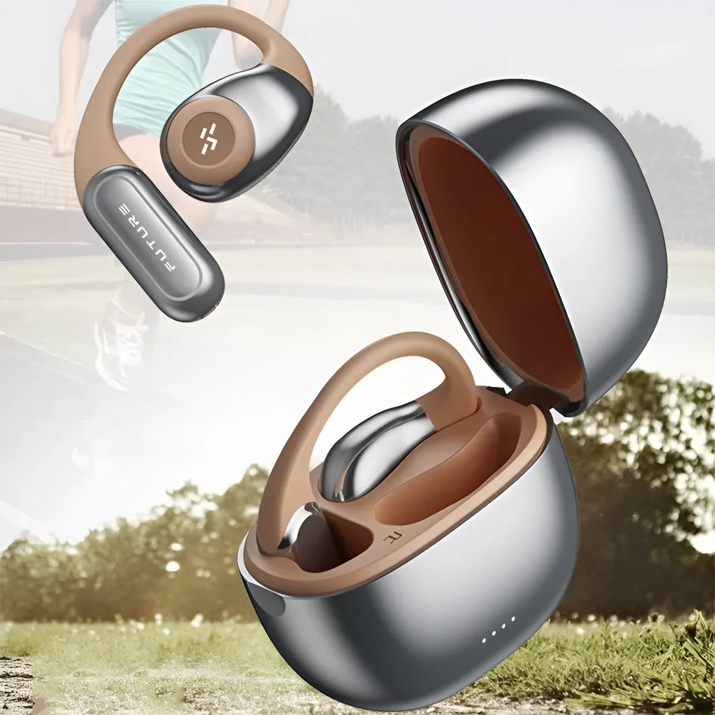 Wireless bone conduction headset in black and grey with ear hook design on blue background