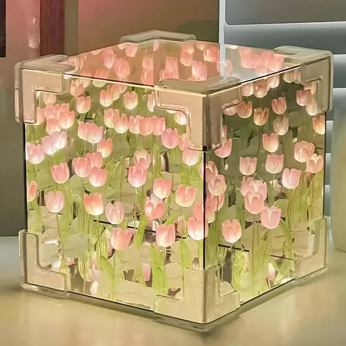 Blue Rubik's Cube Tulip Small Night Lamp with 20 small tulip flowers in 3D geometric design