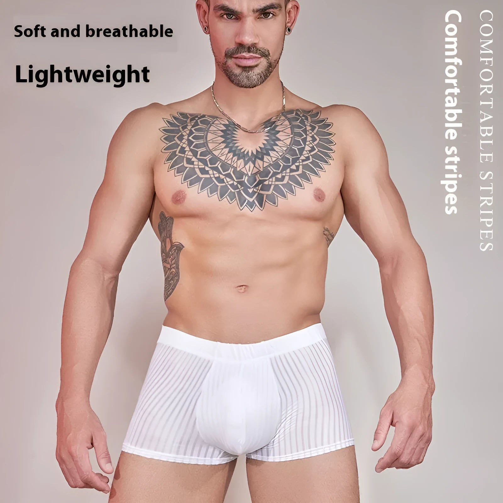 Men's striped underwear in black, white, and dark grey, made from thin nylon fabric.