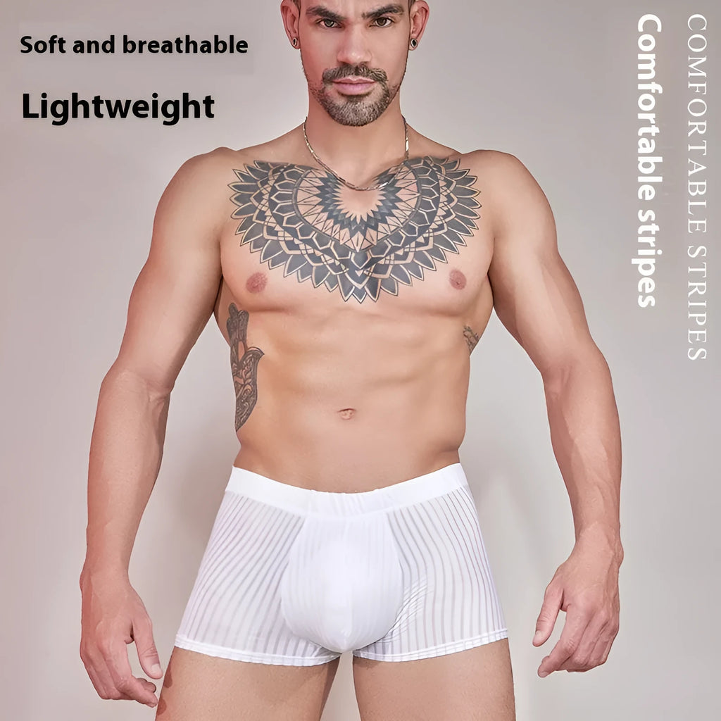 Men's striped lightweight mesh underwear in black, shown flat.