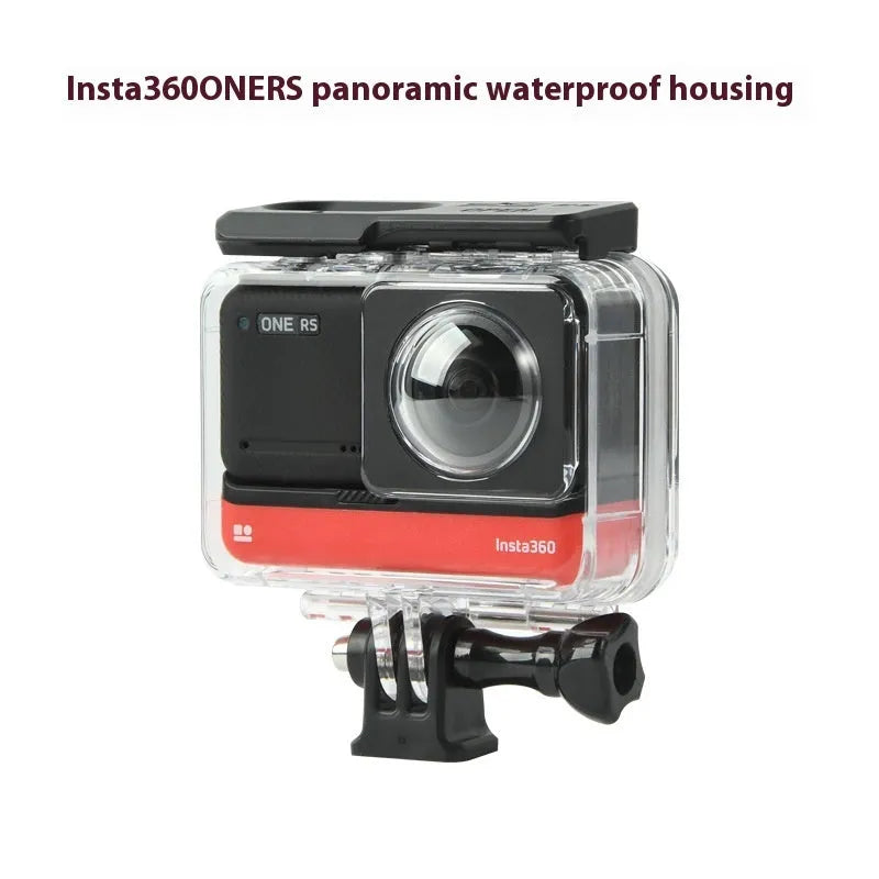 Transparent Insta360 One RS waterproof housing case for underwater use.
