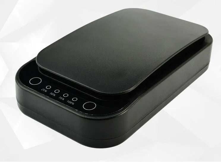 Blue and white ultraviolet disinfection box for mobile phones, showing internal chamber and control interface.
