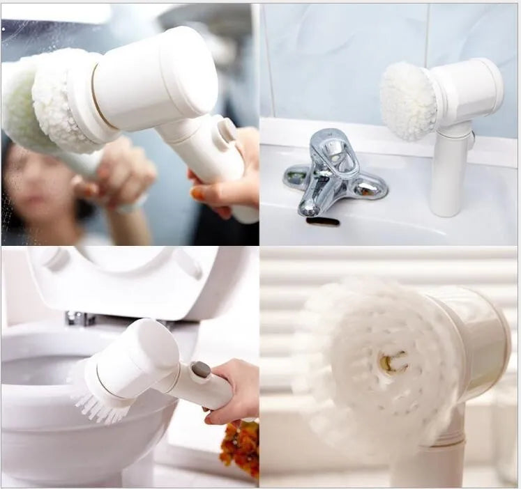 White 5 in 1 cordless electric cleaning brush with detachable ABS handle and 3 interchangeable brush heads, 19.5 x 11.5 x 6.3 cm