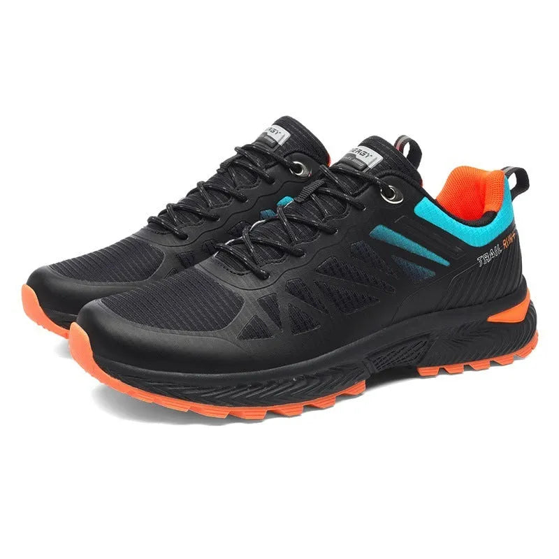 Men's black and orange breathable mesh outdoor running shoes with lace-up front and round toe.