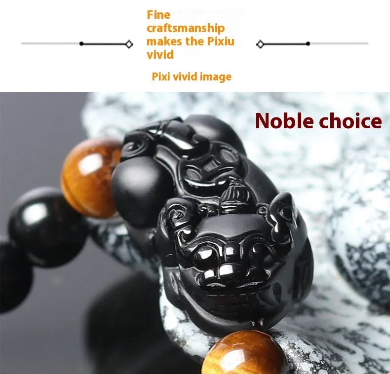 Black Mexico Gold Sheen Obsidian crystal bracelet with Pi Xiu charm, showing different bead size options.