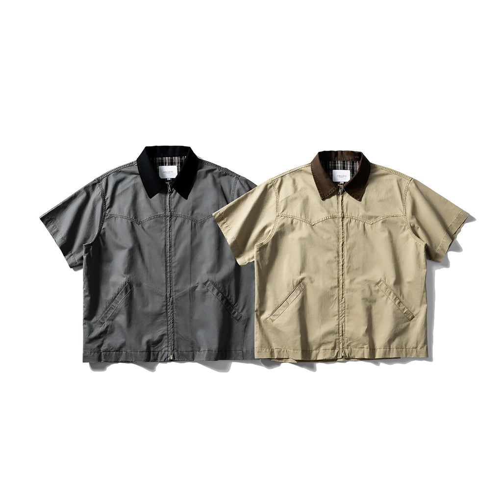 Short sleeve washed overalls shirt in loose cardigan style, shown in khaki colour.