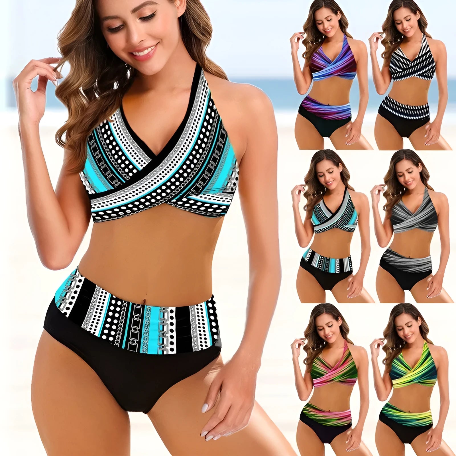 A striped tie-dye ladies bikini set with a backless top and high-waisted briefs on a mannequin.