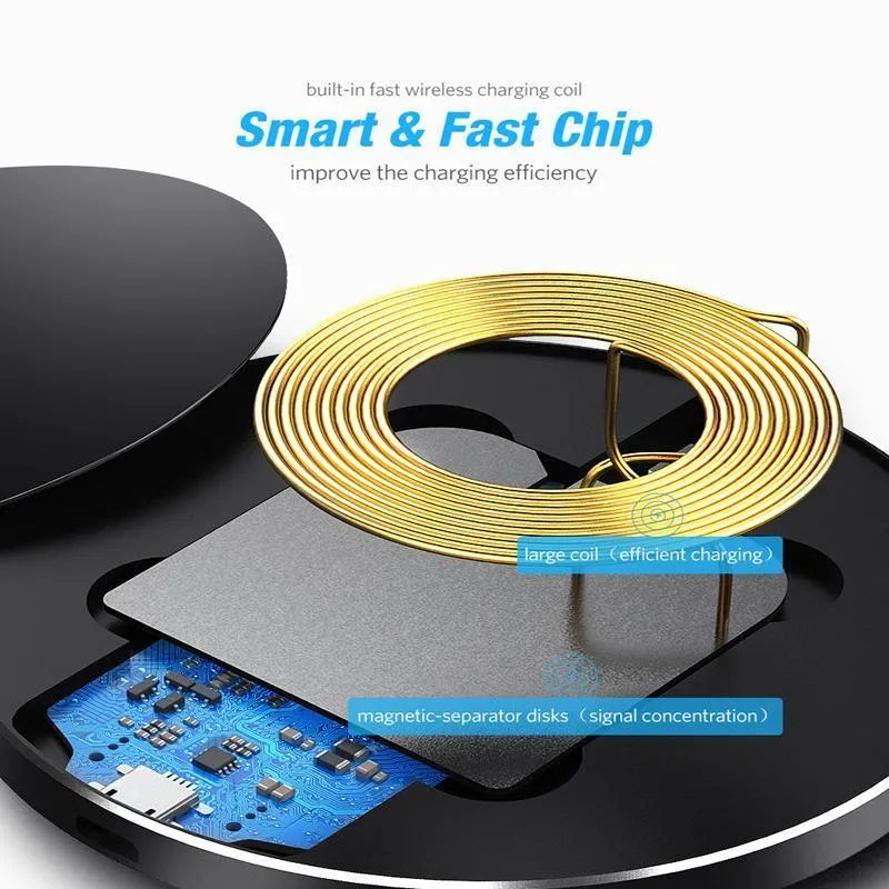 Black ultra-thin square wireless fast charger with USB cable on a desk