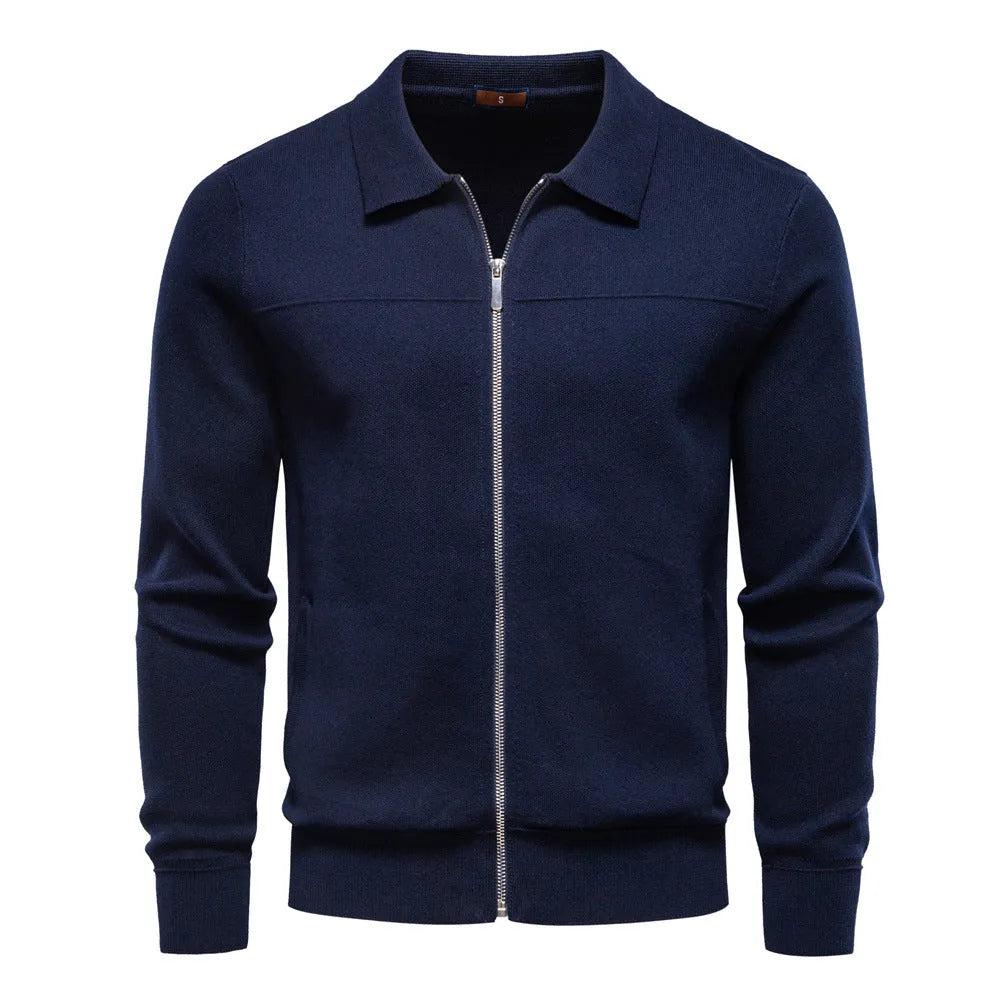 Men's 100% cotton slim fit zip cardigan in black, dark blue, and dark gray - front view