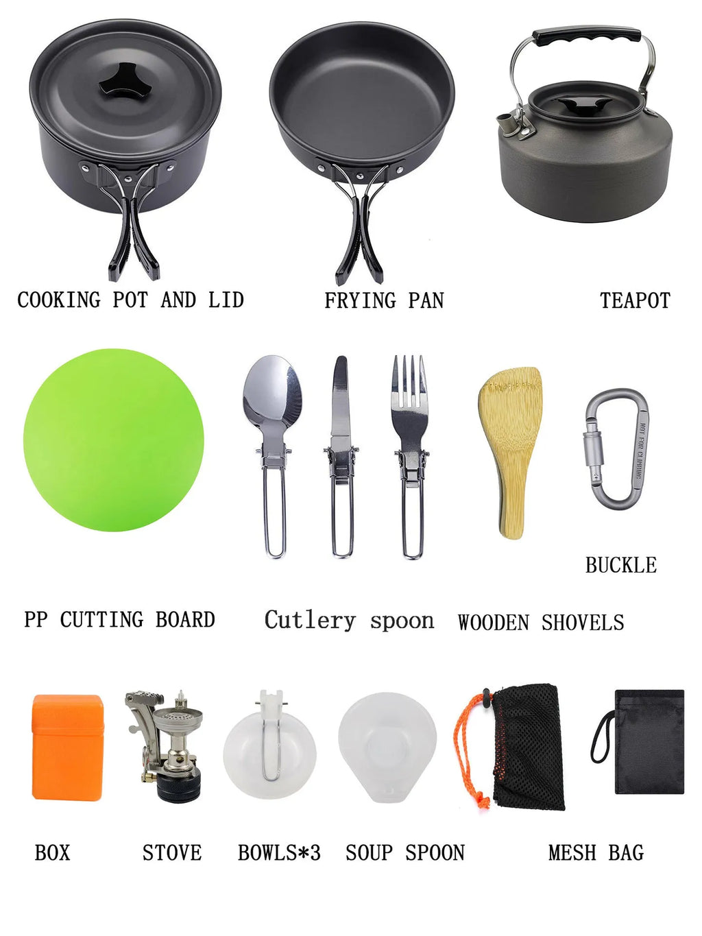 Green aluminium alloy camping teapot set with kettle, frying pan, and pot arranged on a picnic table