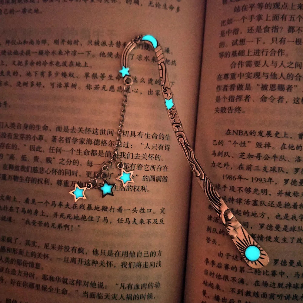 Retro five-pointed star glowing metal bookmark with celestial sun moon star design and fluorescent finish