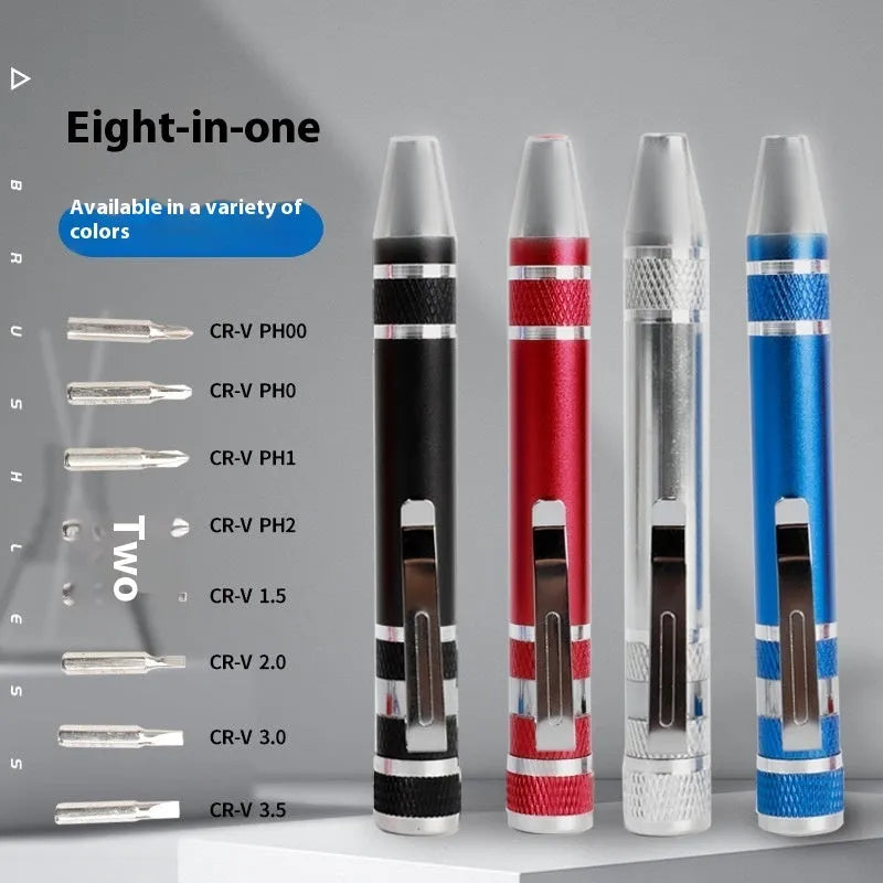 Aluminium alloy pen-type 8-in-1 screwdriver set in assorted colours with chrome vanadium steel shaft.